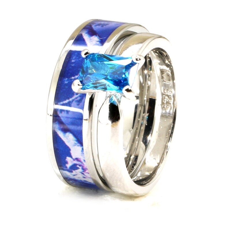 4pc Blue Camo Wedding Ring Set Stainless Steel 925