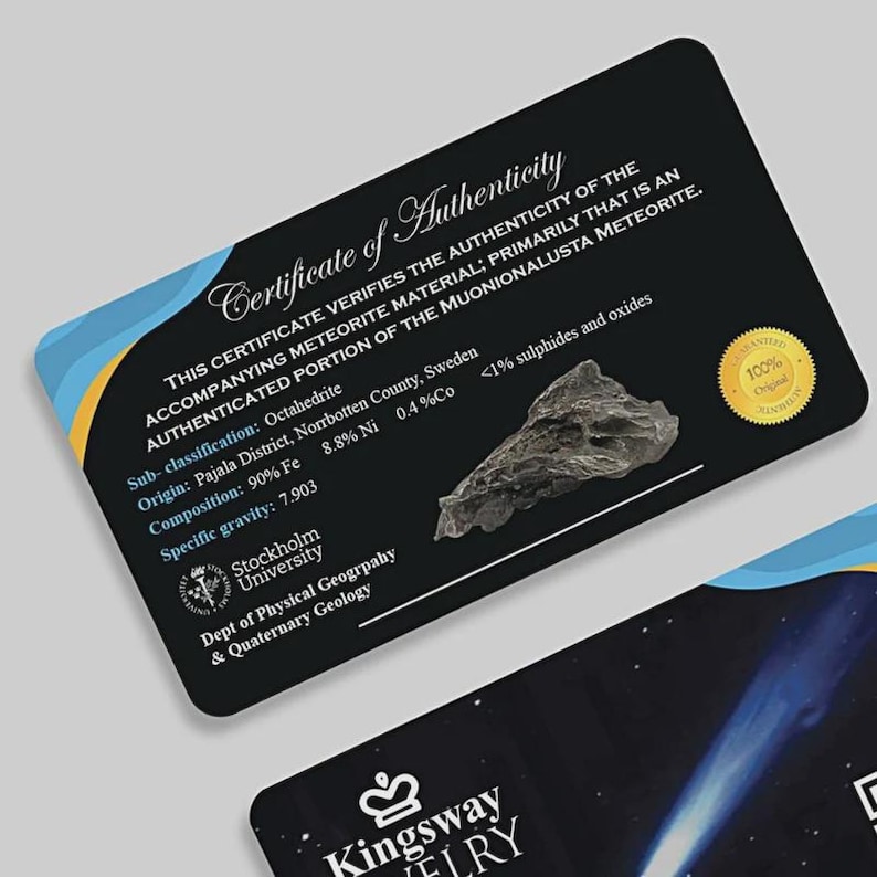 Pode incluir: Um certificado de autenticidade preto com um design azul e amarelo. O certificado verifica a autenticidade de um meteorito Muonionalusta. O certificado inclui a origem, composi&ccedil;&atilde;o e gravidade espec&iacute;fica do meteorito. Uma pequena pe&ccedil;a do meteorito &eacute; mostrada.