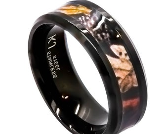 Stainless Steel Black Camo Ring Hunting Camouflage Ring 8mm Wedding Band - FREE Engraving