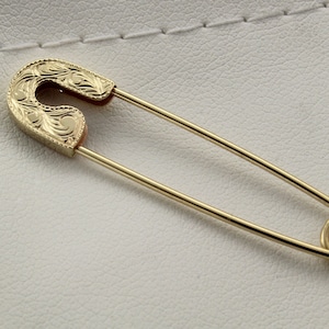 18K Yellow Gold Safety Pin Hand Engraved on both sides