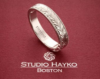 Aliança de casamento em prata gravada à mão, 4 mm
