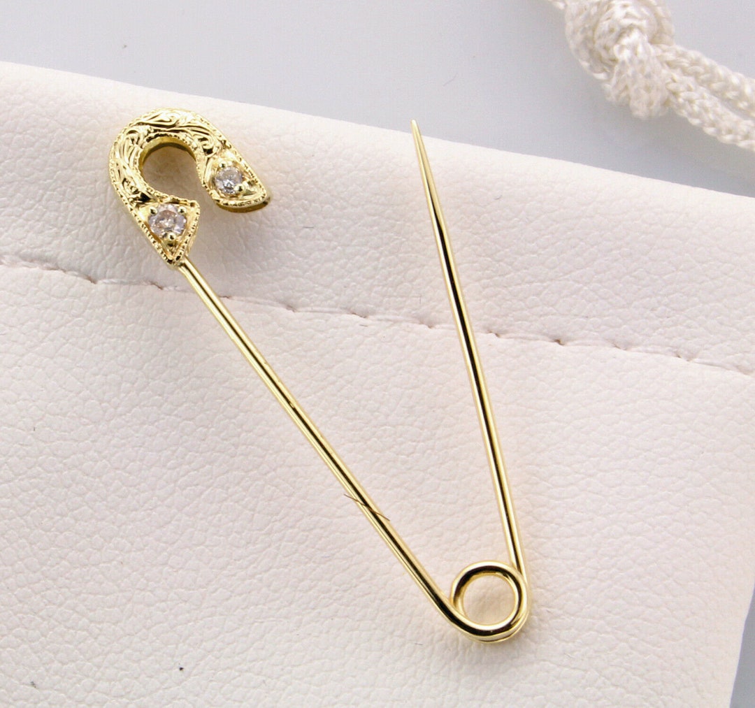 18k Yellow Gold Safety Pin Diamond Brooch Hand Engraved - Etsy