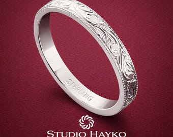Aliança de casamento em prata gravada à mão (2,5 mm)