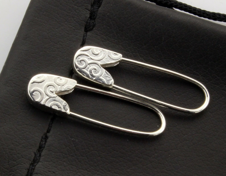 Sterling Silver Safety Pin Earrings pair 1'' Long Handmade in USA