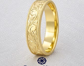 Aliança de casamento em ouro 14k gravada à mão (6 mm)
