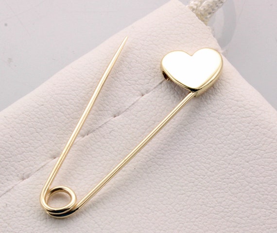 14k Yellow Gold Safety Pin Brooch Heart Shape 