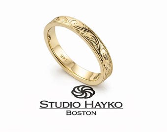 Aliança de casamento em ouro 14k gravada à mão (3 mm)
