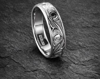 Aliança de casamento em prata gravada à mão, 6 mm