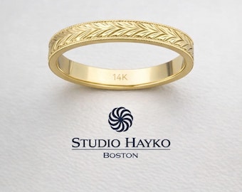 Aliança de casamento em ouro 14k gravada à mão (3 mm)
