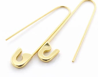 Brincos de alfinete de segurança em ouro amarelo 14k (PAR) 3,8 cm de comprimento Feitos à mão nos EUA