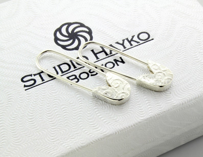 Sterling Silver Safety Pin Earrings pair 1'' Long Handmade in USA