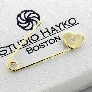 14k Yellow Gold Diamond Safety Pin Brooch Heart Shape