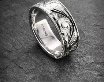 Western Wedding Band Hand Engraved 8mm