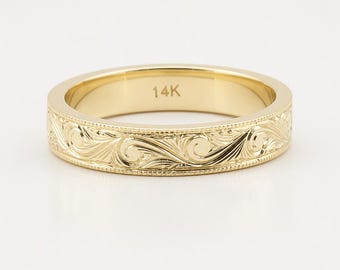 14k hand engraved wedding band (4mm)