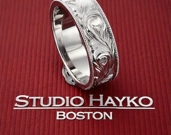 Hand Engraved Western Wedding Band, 7mm Sterling Silver Scroll Ring