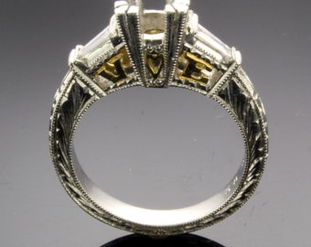 Platinum & 18k Gold Diamond Hand Engraved 3 stone Semi Mount