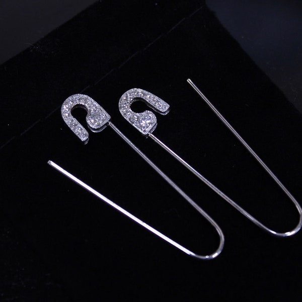 14k White Gold pave set Diamond's Safety Pin Earring's(Pair) 1.5''long