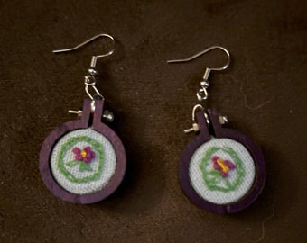 Embroidered hoop dangle earrings