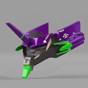May include: A 3D-printed model of an Evangelion Unit-01 head, featuring a purple and green color scheme. The model has a distinctive horn and angular design, with the text "EVA" visible on the side. The overall aesthetic is futuristic and mechanical.
