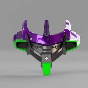 May include: A 3D-printed model of a robot head, featuring a combination of purple, green, and black colors. The design includes angular shapes and a prominent central crest, with a detailed, mechanical appearance. The model is set against a neutral gray background.