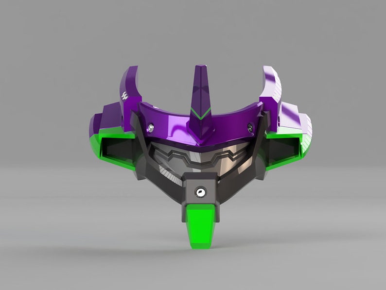 May include: A 3D-printed model of a robot head, featuring a combination of purple, green, and black colors. The design includes angular shapes and a prominent central crest, with a detailed, mechanical appearance. The model is set against a neutral gray background.