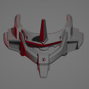 May include: A gray, geometric, 3D-rendered object with a central, vertical spike and curved, horn-like protrusions. The design features angular shapes and a symmetrical layout, with red accents highlighting the edges.