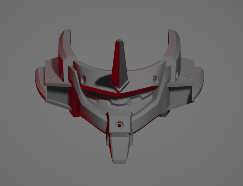 May include: A gray, geometric, 3D-rendered object with a central, vertical spike and curved, horn-like protrusions. The design features angular shapes and a symmetrical layout, with red accents highlighting the edges.