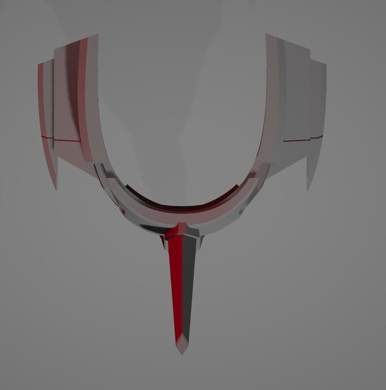 May include: A 3D-rendered, abstract sculpture with a U-shaped design. The sculpture features a combination of silver, red, and black colors. The central element is a long, pointed shape extending downwards, with a curved upper section.