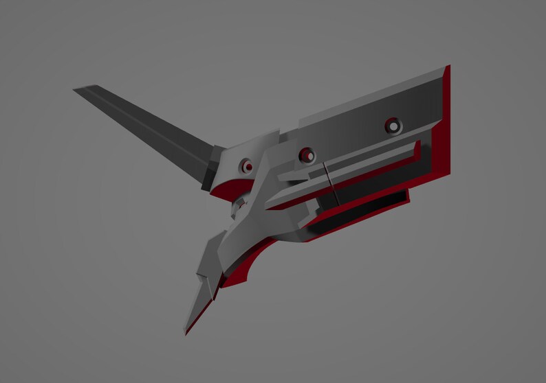 May include: A futuristic, angular weapon design in shades of gray and red. The object has a blade-like extension and several circular openings. The overall design suggests a high-tech or science fiction theme.