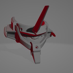 May include: A 3D-rendered model of a futuristic, angular object. The design features a combination of gray and red elements, with a prominent vertical red fin. The object has a complex, geometric structure, suggesting a mechanical or technological theme.