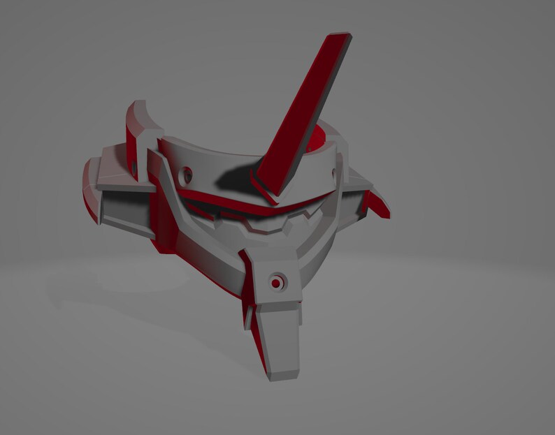 May include: A 3D-rendered model of a futuristic, angular object. The design features a combination of gray and red elements, with a prominent vertical red fin. The object has a complex, geometric structure, suggesting a mechanical or technological theme.