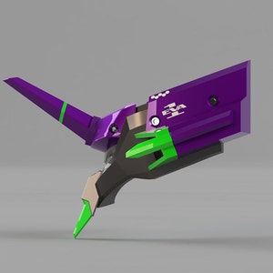 May include: A purple and green stylized object with the text "EVA" on the side. The object has a long, pointed wing and a geometric design. The color scheme includes purple, green, and black.