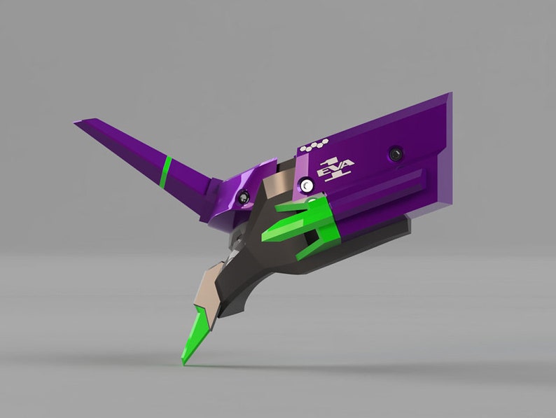 May include: A purple and green stylized object with the text "EVA" on the side. The object has a long, pointed wing and a geometric design. The color scheme includes purple, green, and black.
