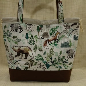 Wild mountain canvas knitting project bag, critters large drawstring project bag, cute forest animal friends knitting bag