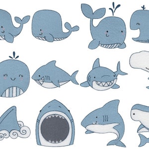 Whales and Sharks - 12 Machine Embroidery Designs - 2, 3, 4 & 5 Inch Sizes Included - Whale Embroidery Designs, Shark Embroidery Designs