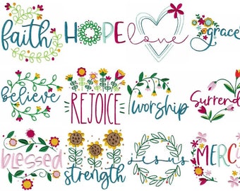 Religious Words - 12 Machine Embroidery Designs - Multiple Sizes Included - Bible Sayings, Religious Words Embroidery Designs