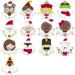 Applique per volti di Natale - 13 disegni di ricamo a macchina - Dimensioni multiple incluse - Disegni di ricamo natalizi, applique natalizie