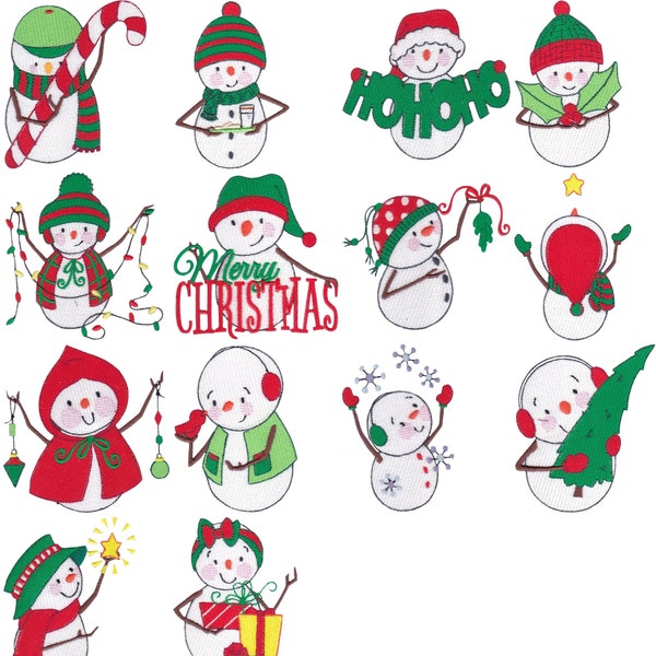 Christmas Snowmen - 14 Filled Stitch Machine Embroidery Designs 4x4 5x7