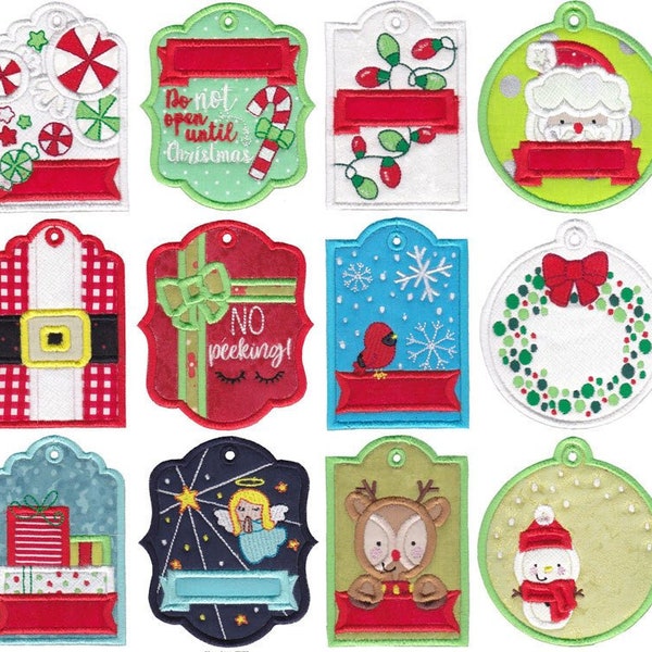 Christmas Tags Too - 12 Different Applique In The Hoop Machine Embroidery Designs 4x4 5x7 6x10 8x8