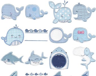 Whales and Sharks Applique - 16 Different Applique Machine Embroidery Designs 4x4 5x7 6x10