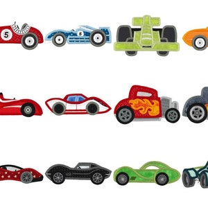 Race Cars - 12 Race Car Embroidery Designs PLUS 12 BONUS Applique Numbers - 4x4 5x7