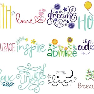 Illustrated Words - 12 Machine Embroidery Designs - Multiple Sizes Included - Word Embroidery Designs, Word Art Embroidery Designs