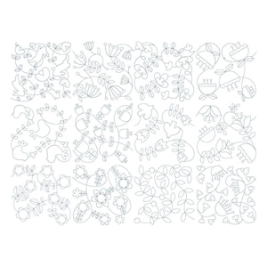 May include: A black and white line drawing of a floral pattern with various flowers and leaves. The design is repeated in a grid pattern.