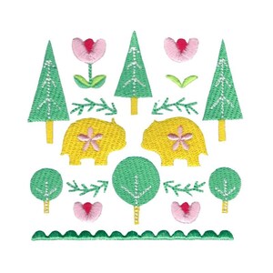May include: Embroidered design featuring two yellow bears, green trees, pink flowers, and a green scalloped border. The design is perfect for a nursery or children's room.