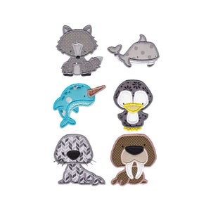 May include: Six embroidered patches featuring various arctic animals. The patches include a wolf, whale, narwhal, penguin, seal, and walrus. The patches are all in a cartoon style and have a variety of colors and patterns.