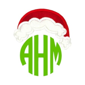 May include: Green monogram with the letters "AHM" in a circle, topped with a red and white Santa hat.