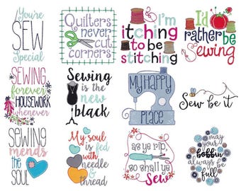 May include: A collection of 10 colorful embroidery designs featuring sewing-themed quotes and illustrations. The designs include phrases like "You're Sew Special", "Sewing is the New Black", and "My Happy Place".