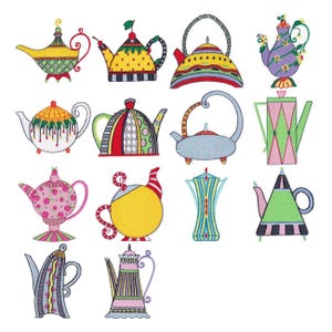 Teiera Whimsy - 14 disegni per ricamo a macchina - Cerchi 4x4 5 x 7 pollici - Disegni per ricamo di teiere stravaganti, disegni per ricamo di tè
