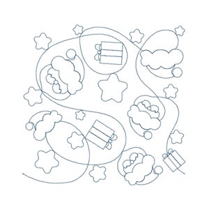 May include: A black and white line drawing of a Christmas scene with Santa Claus, presents, and stars. The design is perfect for embroidery or quilting.