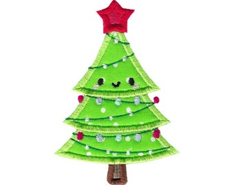 Kawaii Christmas Tree Applique Embroidery Design - 4x4 5x7 6x10 8x8 Sizes Included - Applique Christmas Tree Embroidery Design